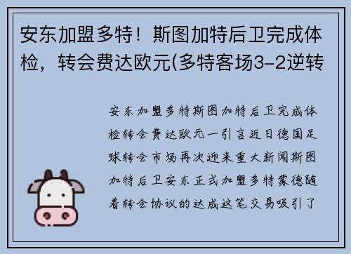 安东加盟多特！斯图加特后卫完成体检，转会费达欧元(多特客场3-2逆转斯图加特)