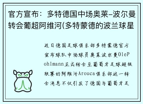 官方宣布：多特德国中场奥莱-波尔曼转会葡超阿维河(多特蒙德的波兰球星)