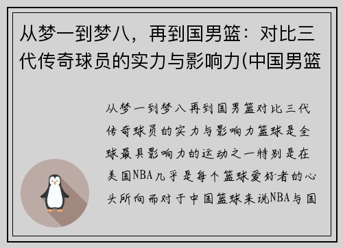 从梦一到梦八，再到国男篮：对比三代传奇球员的实力与影响力(中国男篮老一辈)